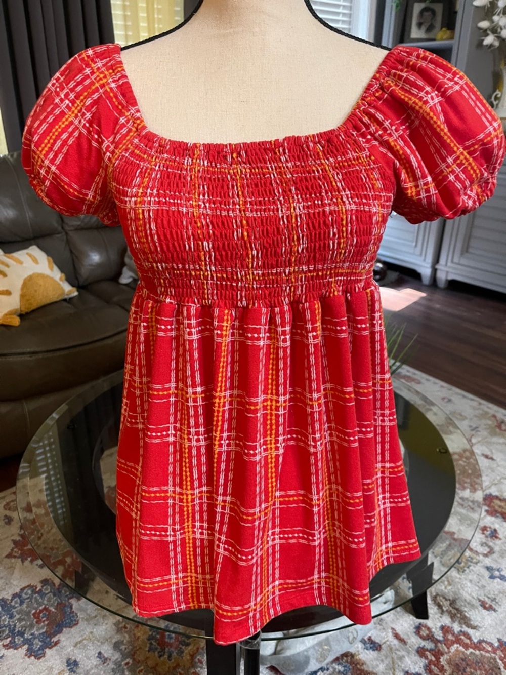 Red Plaid Smocked Peplum Puff Sleeve Top